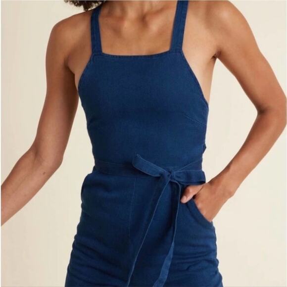 Marine Layer | Tess Mid Indigo Crisscross Back Wide Leg Cropped Midi Jumpsuit - Picture 2 of 11